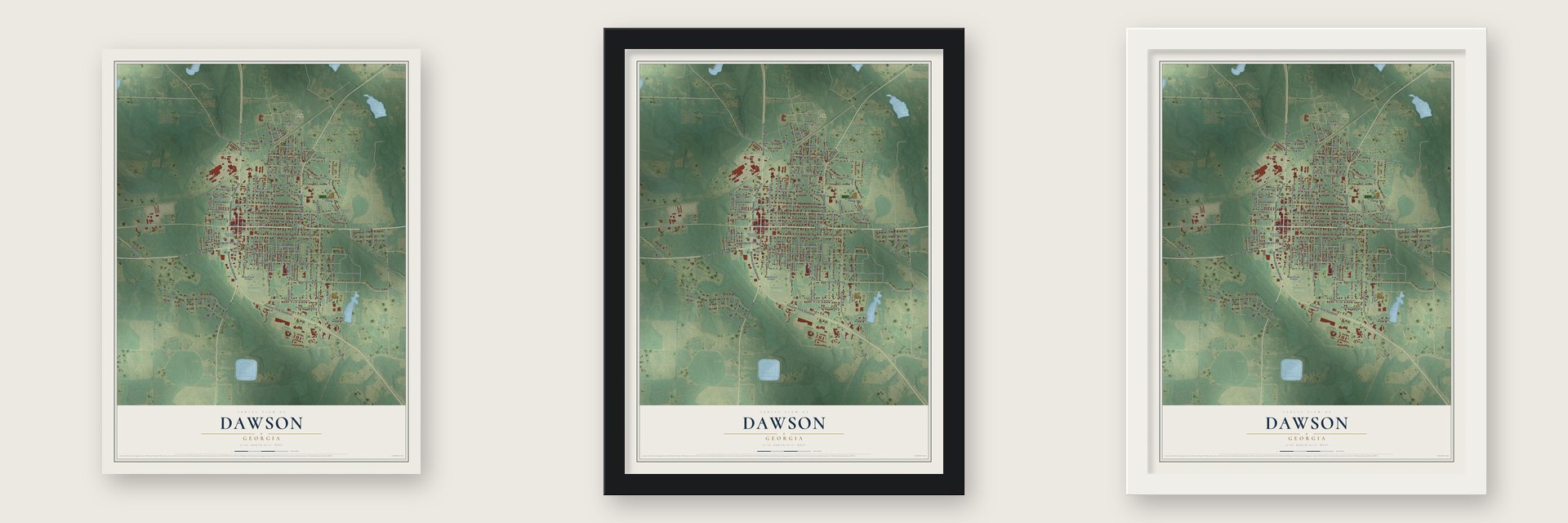 Dawson, Georgia map unframed, in a black wood frame and in a white wood frame