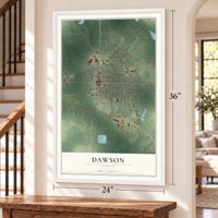 Dawson, Georgia map, 24 x 36 inch print in a white frame by a staircase