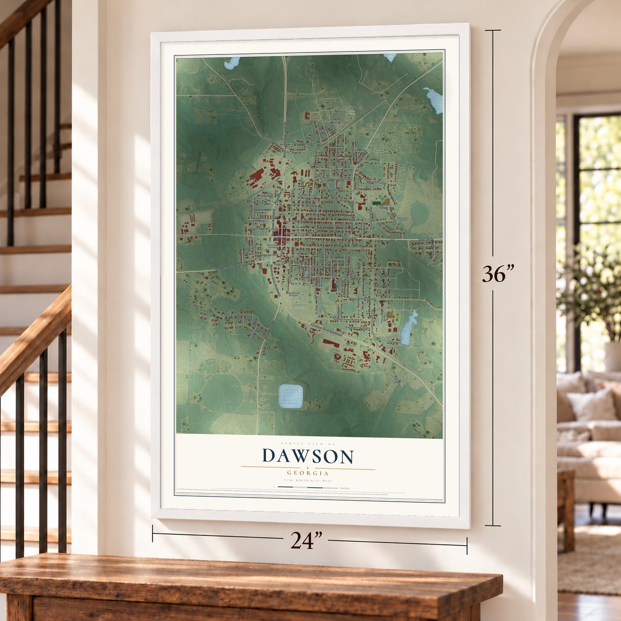 Dawson, Georgia map, 24 x 36 inch print in a white frame by a staircase