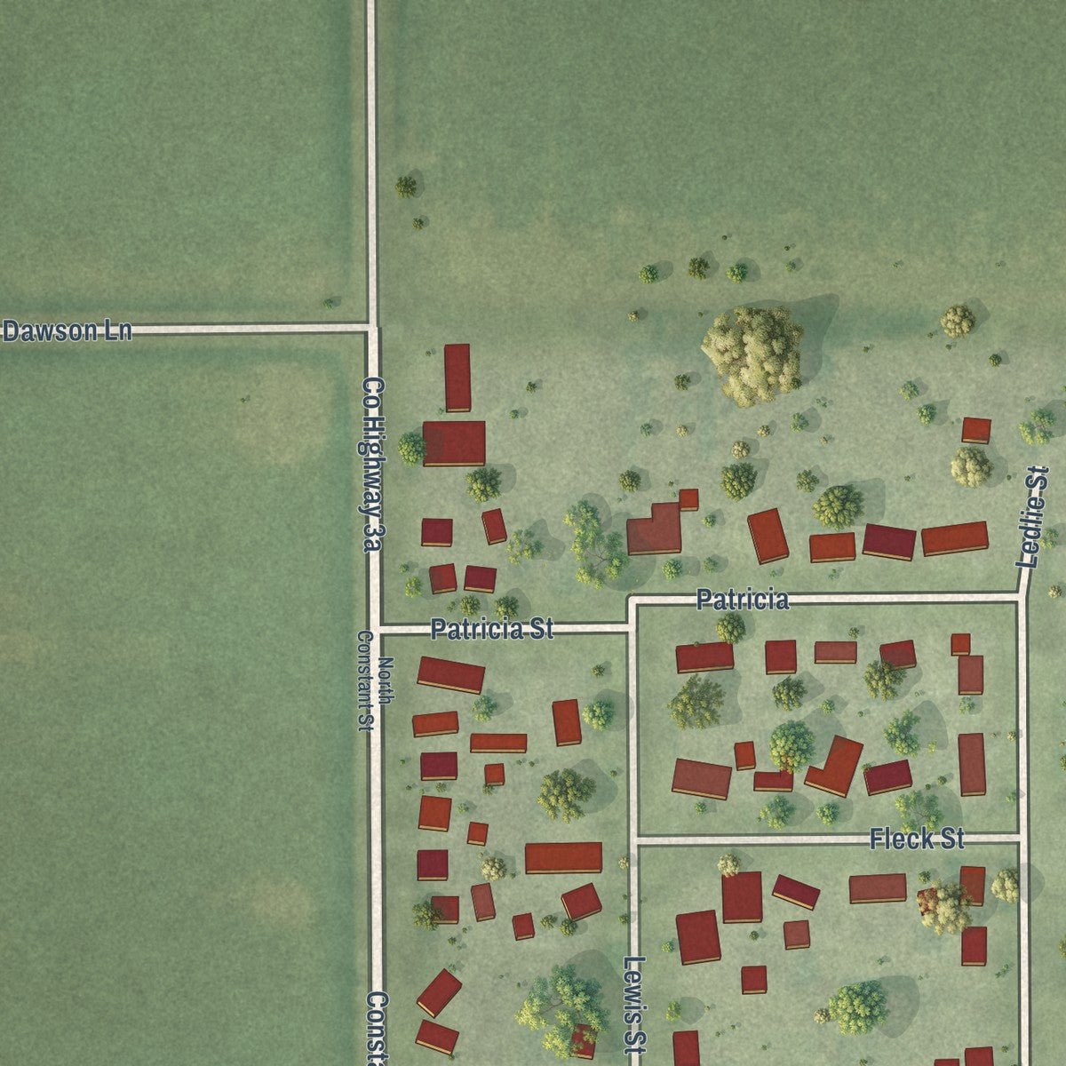 Second close-up of the map of Dawson, Illinois print showing more streets and buildings