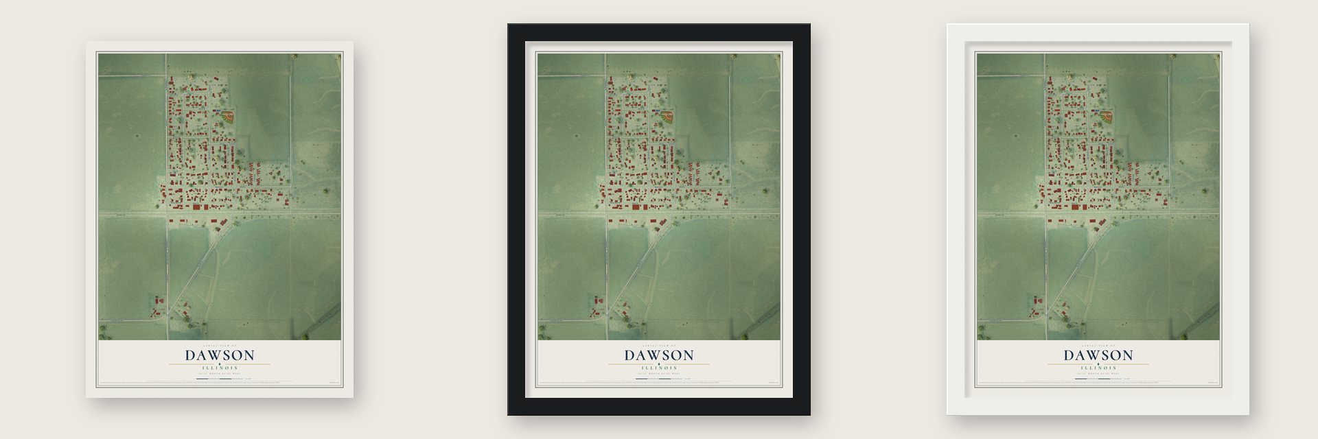 Dawson, Illinois map unframed, in a black wood frame and in a white wood frame
