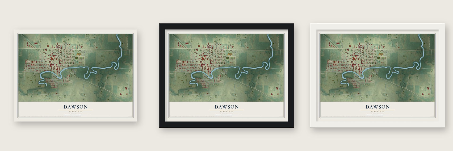Dawson, Minnesota map unframed, in a black wood frame and in a white wood frame