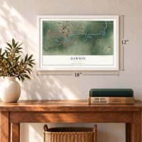 Dawson, Minnesota map, 12 x 18 inch print in a white frame in an entryway