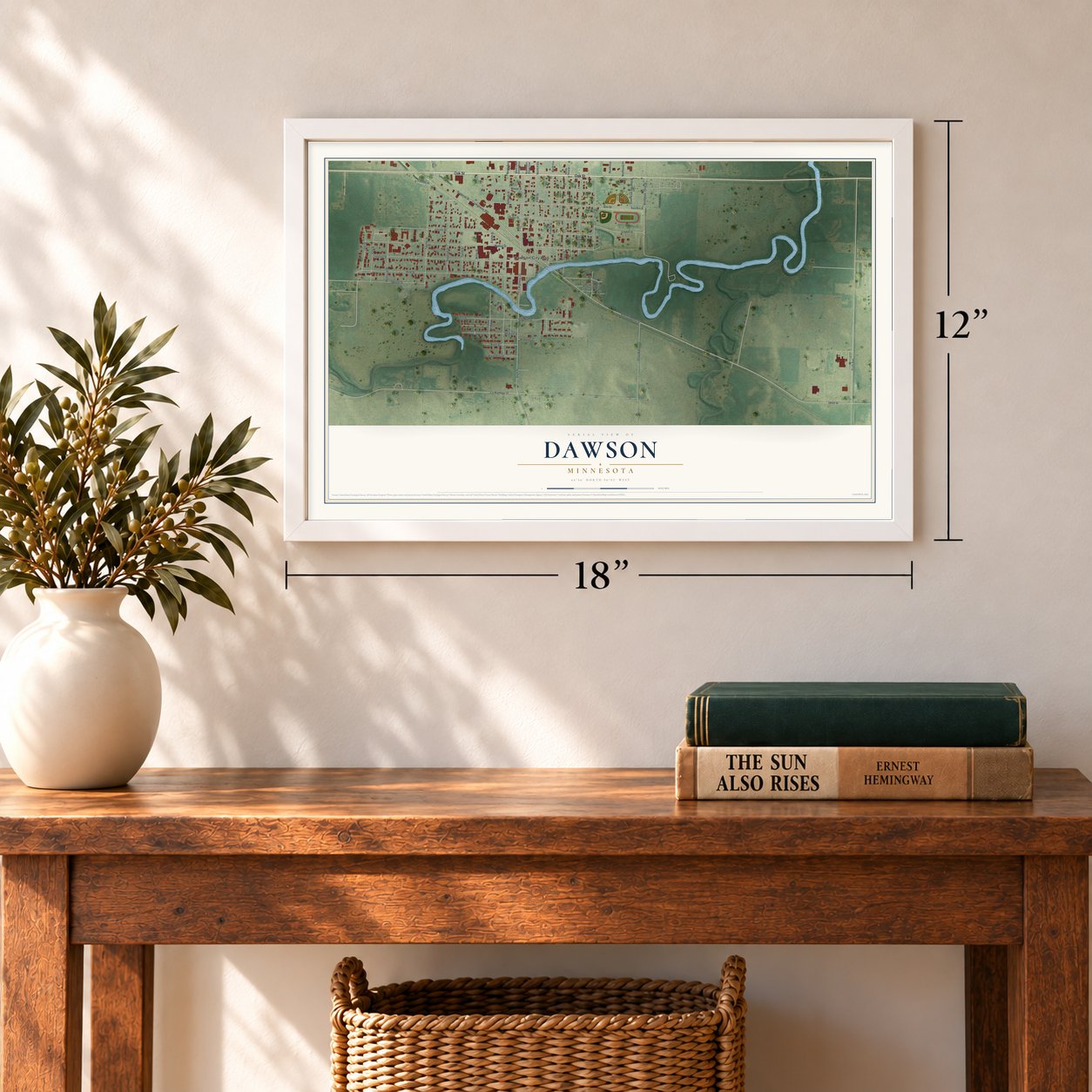 Dawson, Minnesota map, 12 x 18 inch print in a white frame in an entryway
