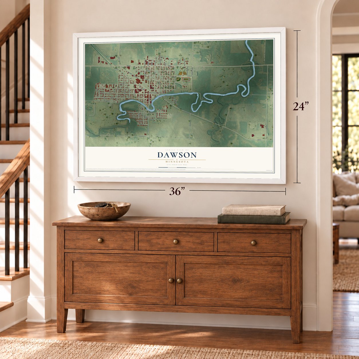 Dawson, Minnesota map, 24 x 36 inch print in a white frame above a dresser by a staircase