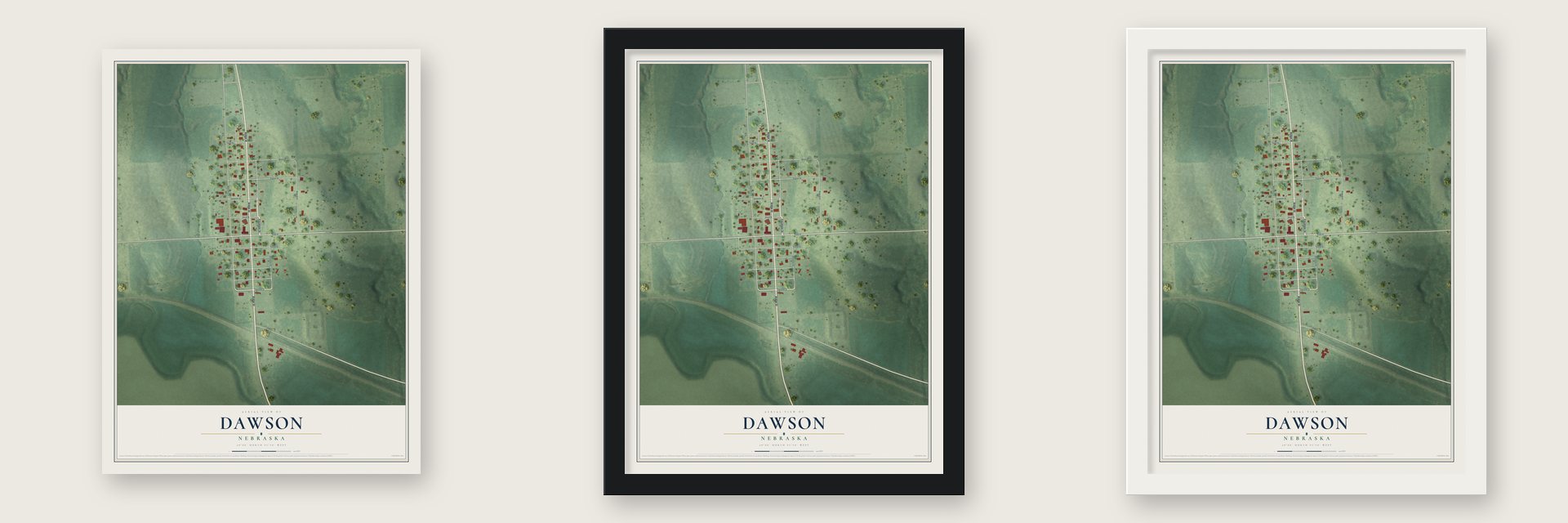 Dawson, Nebraska map unframed, in a black wood frame and in a white wood frame