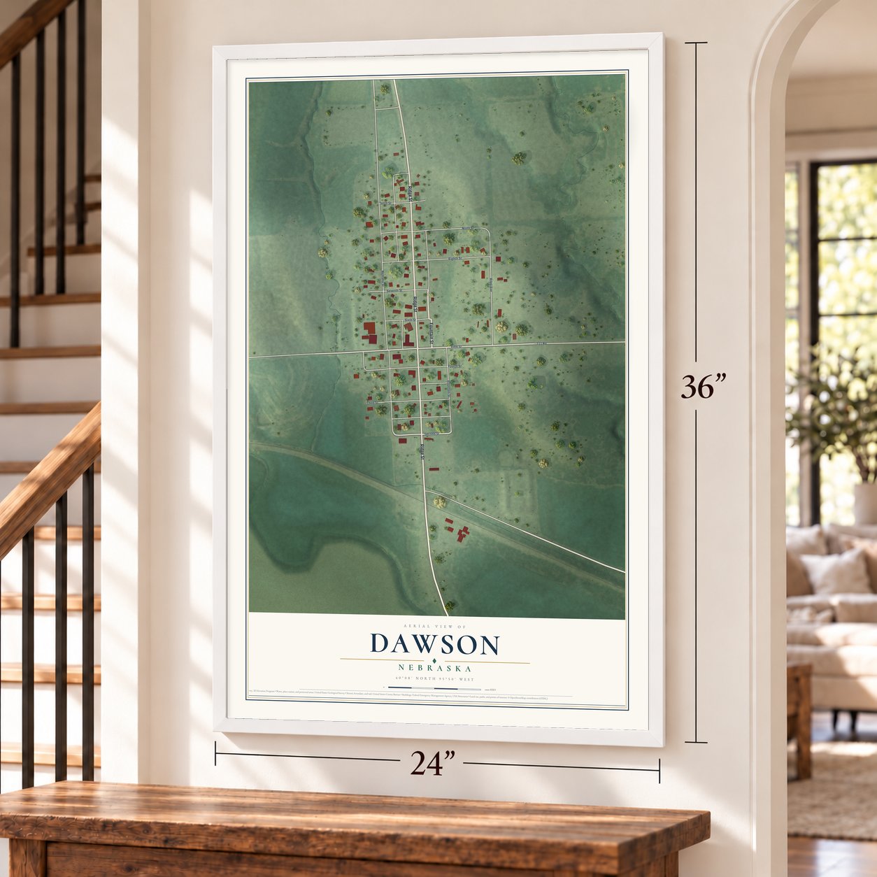 Dawson, Nebraska map, 24 x 36 inch print in a white frame by a staircase