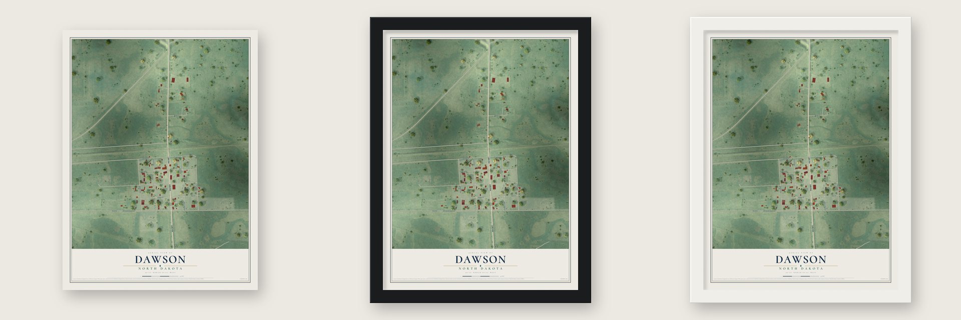Dawson, North Dakota map unframed, in a black wood frame and in a white wood frame