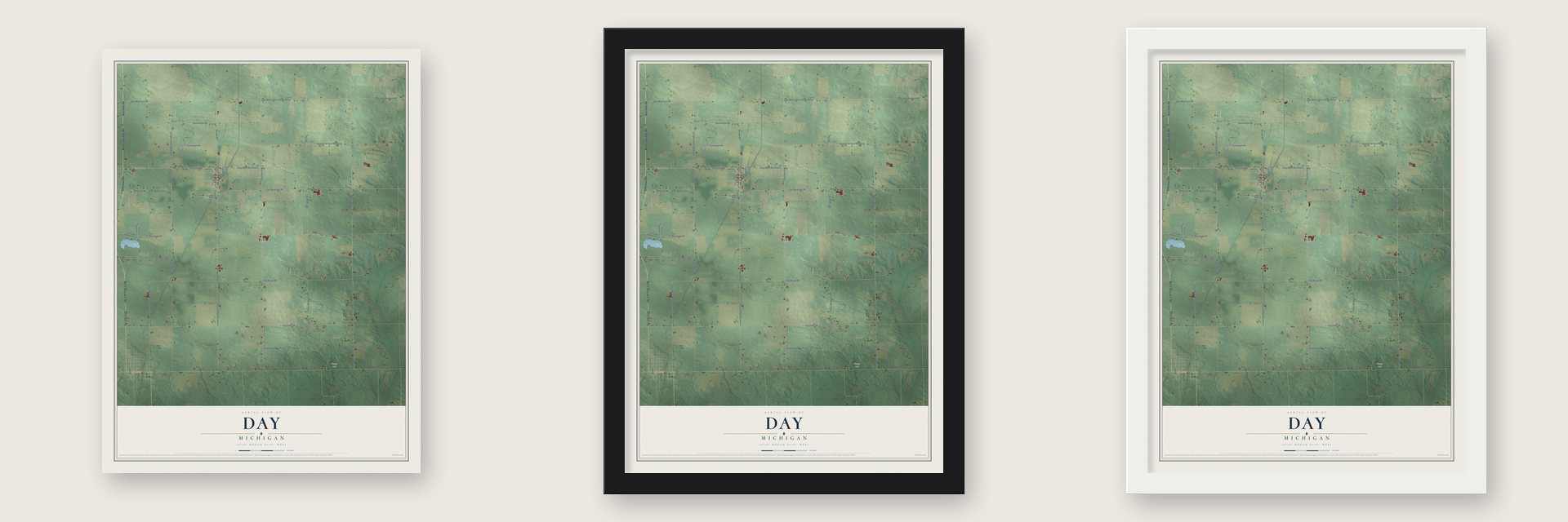 Day, Michigan map unframed, in a black wood frame and in a white wood frame