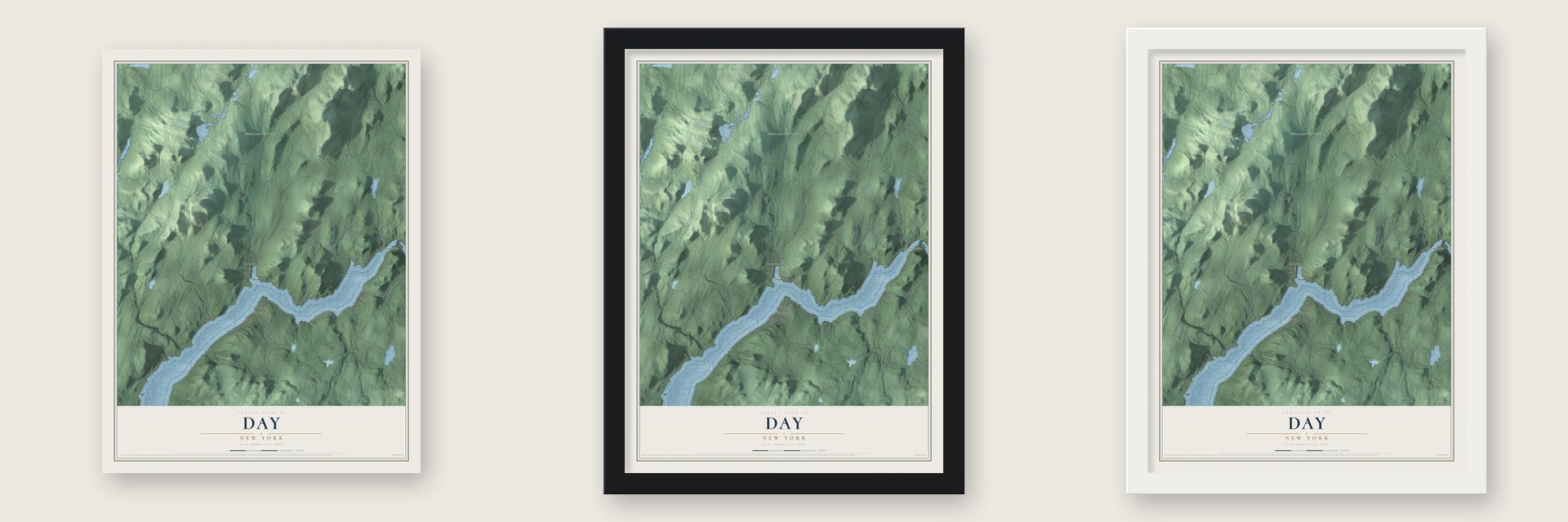 Day, New York map unframed, in a black wood frame and in a white wood frame
