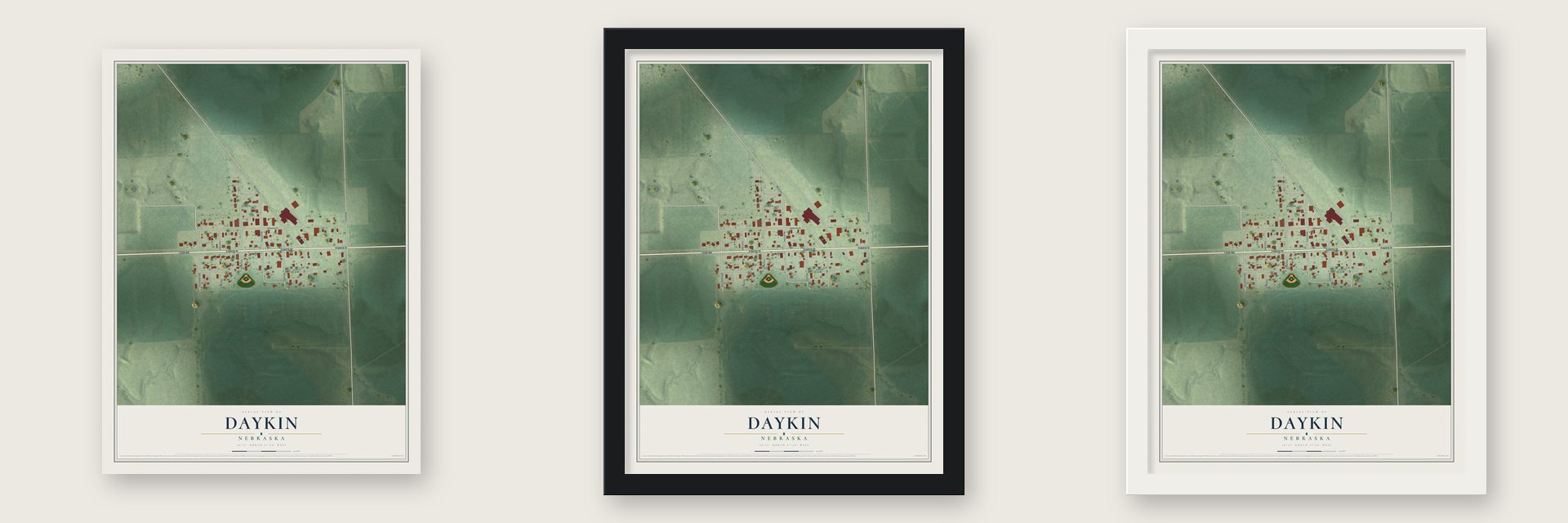 Daykin, Nebraska map unframed, in a black wood frame and in a white wood frame