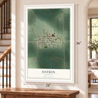 Daykin, Nebraska map, 24 x 36 inch print in a white frame by a staircase