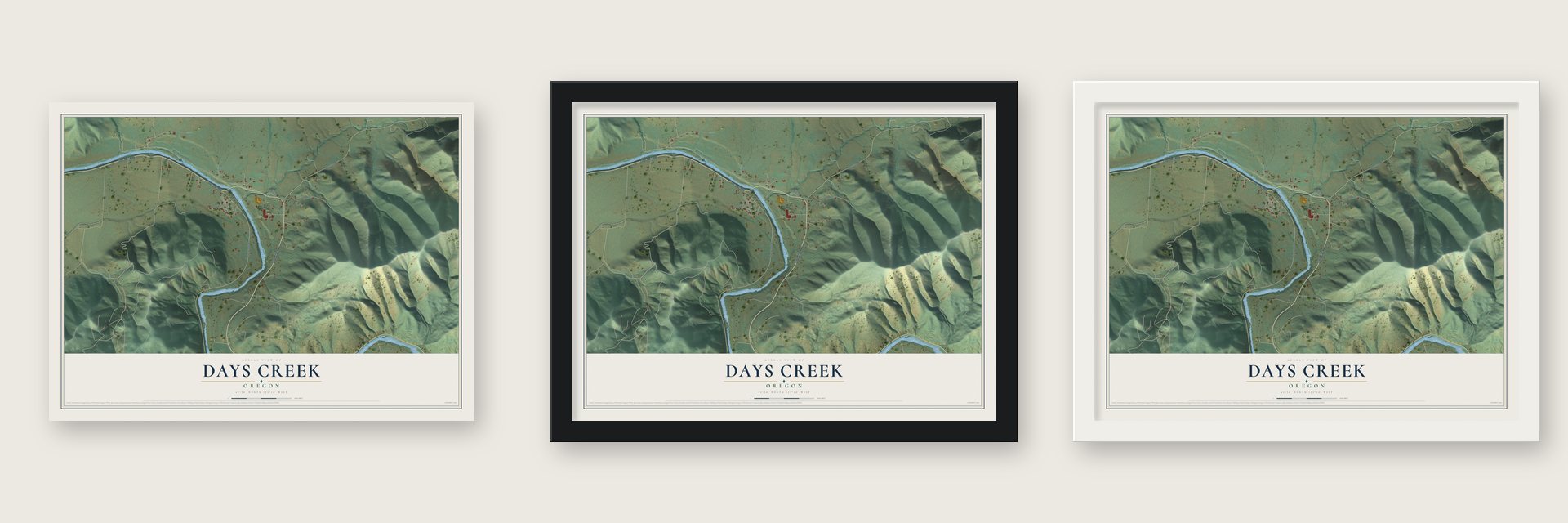 Days Creek, Oregon map unframed, in a black wood frame and in a white wood frame