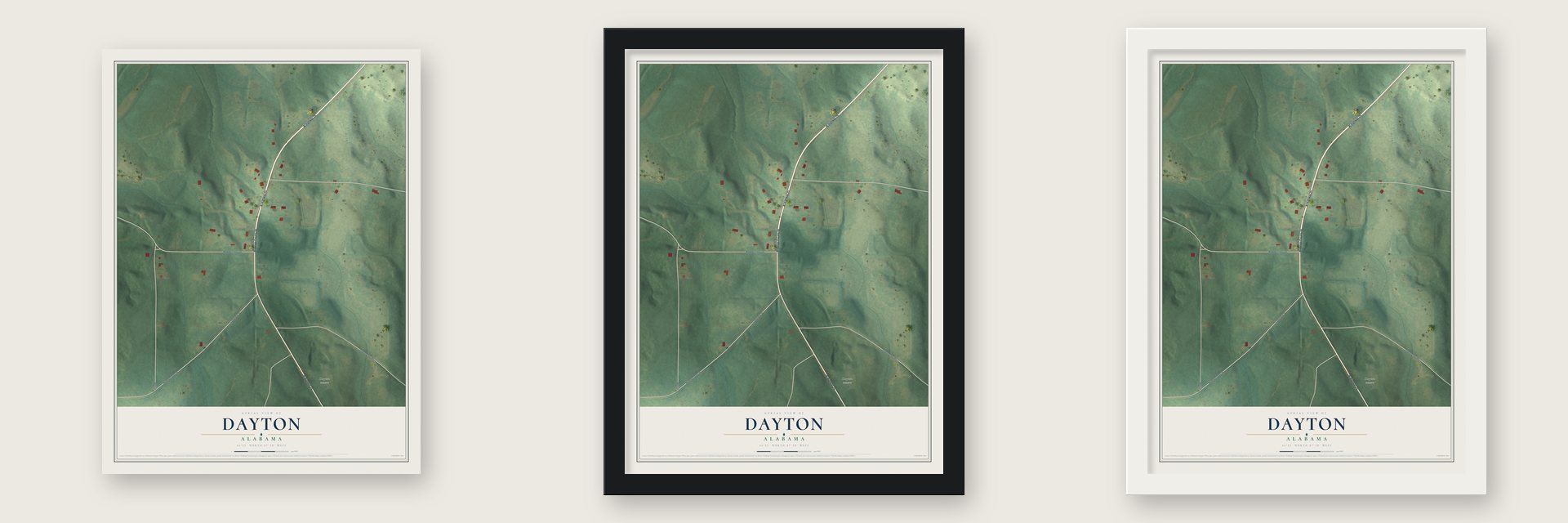 Dayton, Alabama map unframed, in a black wood frame and in a white wood frame