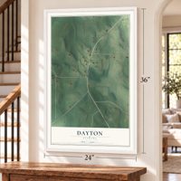 Dayton, Alabama map, 24 x 36 inch print in a white frame by a staircase
