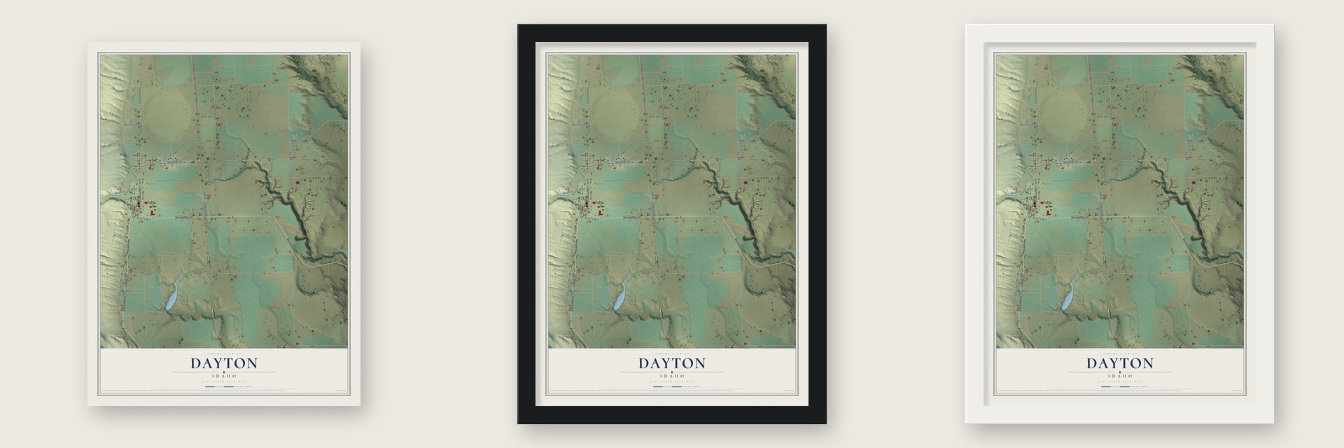 Dayton, Idaho map unframed, in a black wood frame and in a white wood frame