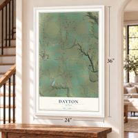 Dayton, Idaho map, 24 x 36 inch print in a white frame by a staircase