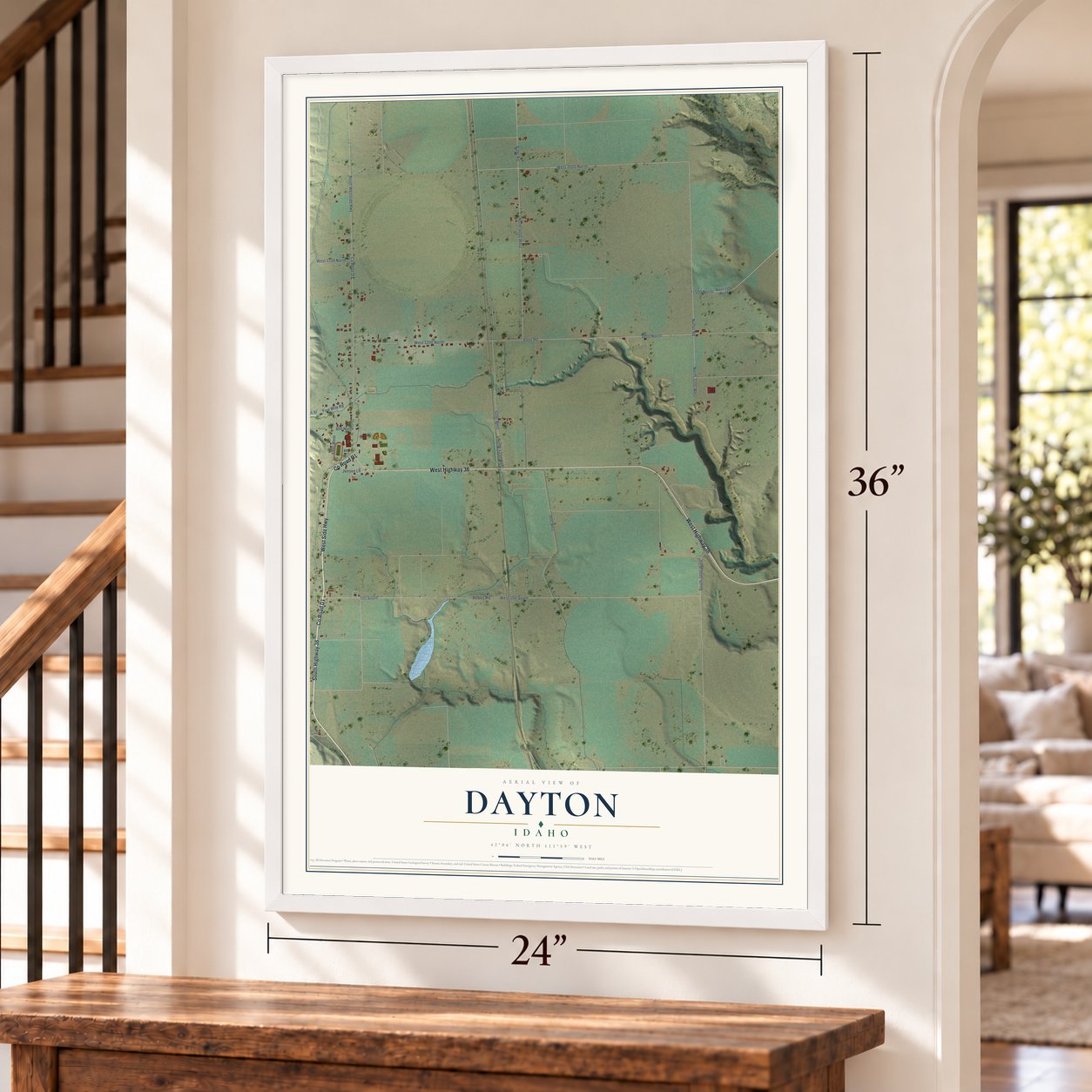 Dayton, Idaho map, 24 x 36 inch print in a white frame by a staircase