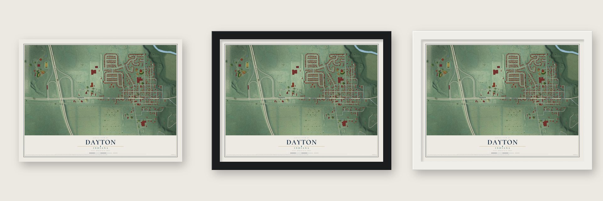 Dayton, Indiana map unframed, in a black wood frame and in a white wood frame