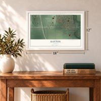 Dayton, Indiana map, 12 x 18 inch print in a white frame in an entryway
