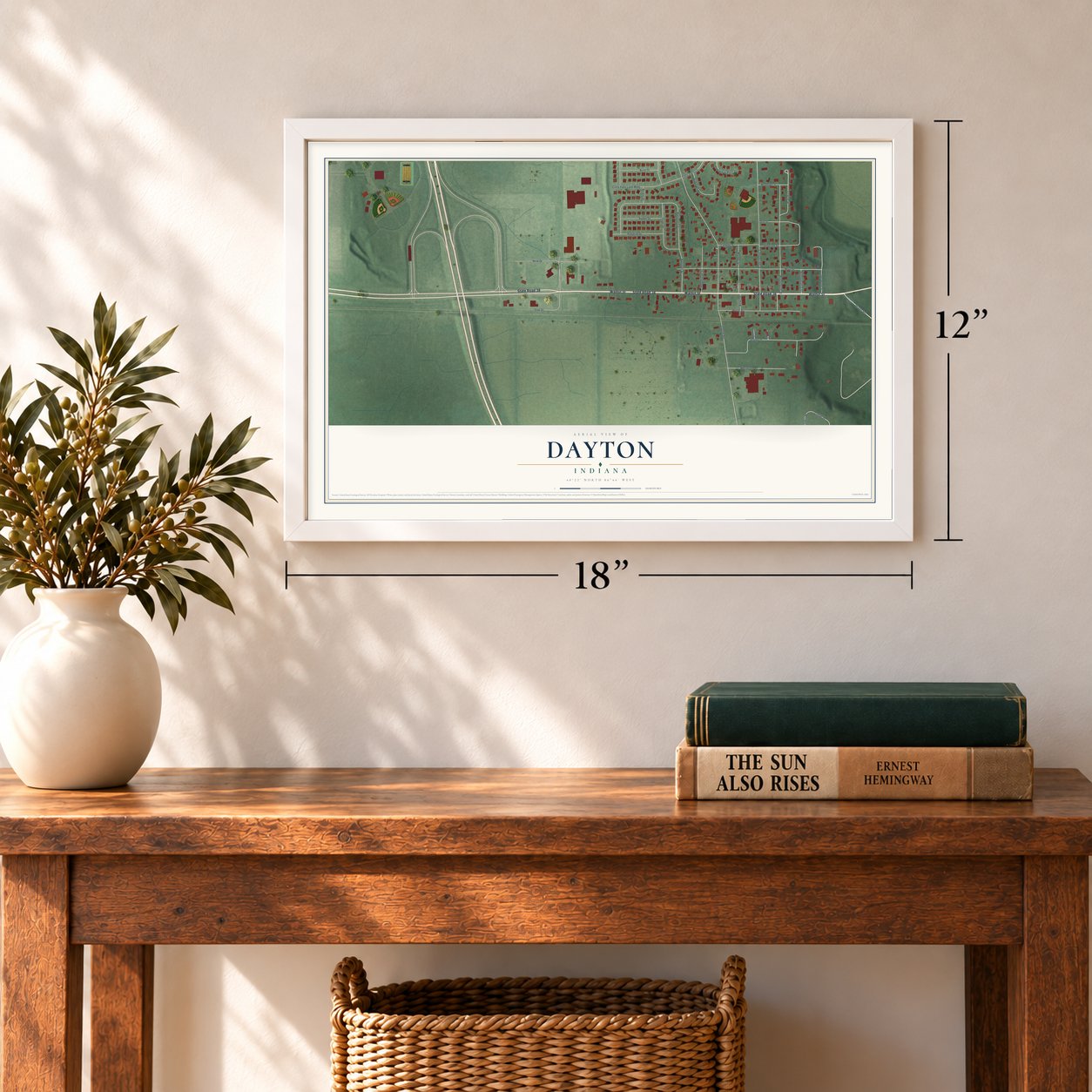 Dayton, Indiana map, 12 x 18 inch print in a white frame in an entryway