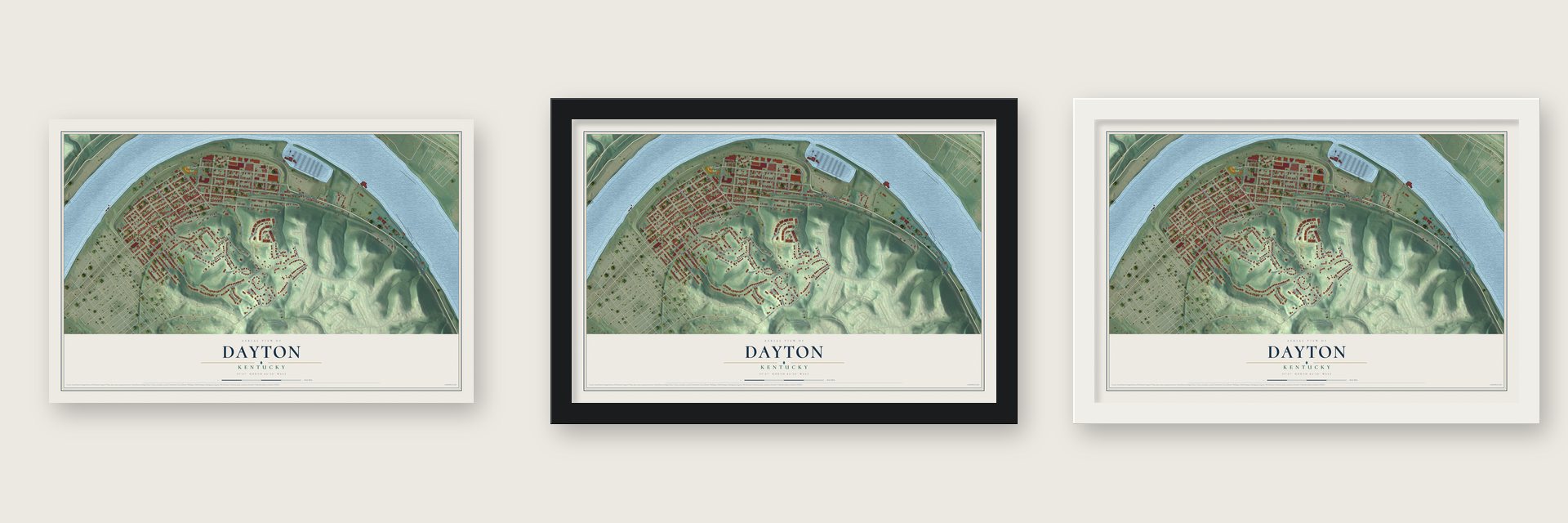Dayton, Kentucky map unframed, in a black wood frame and in a white wood frame