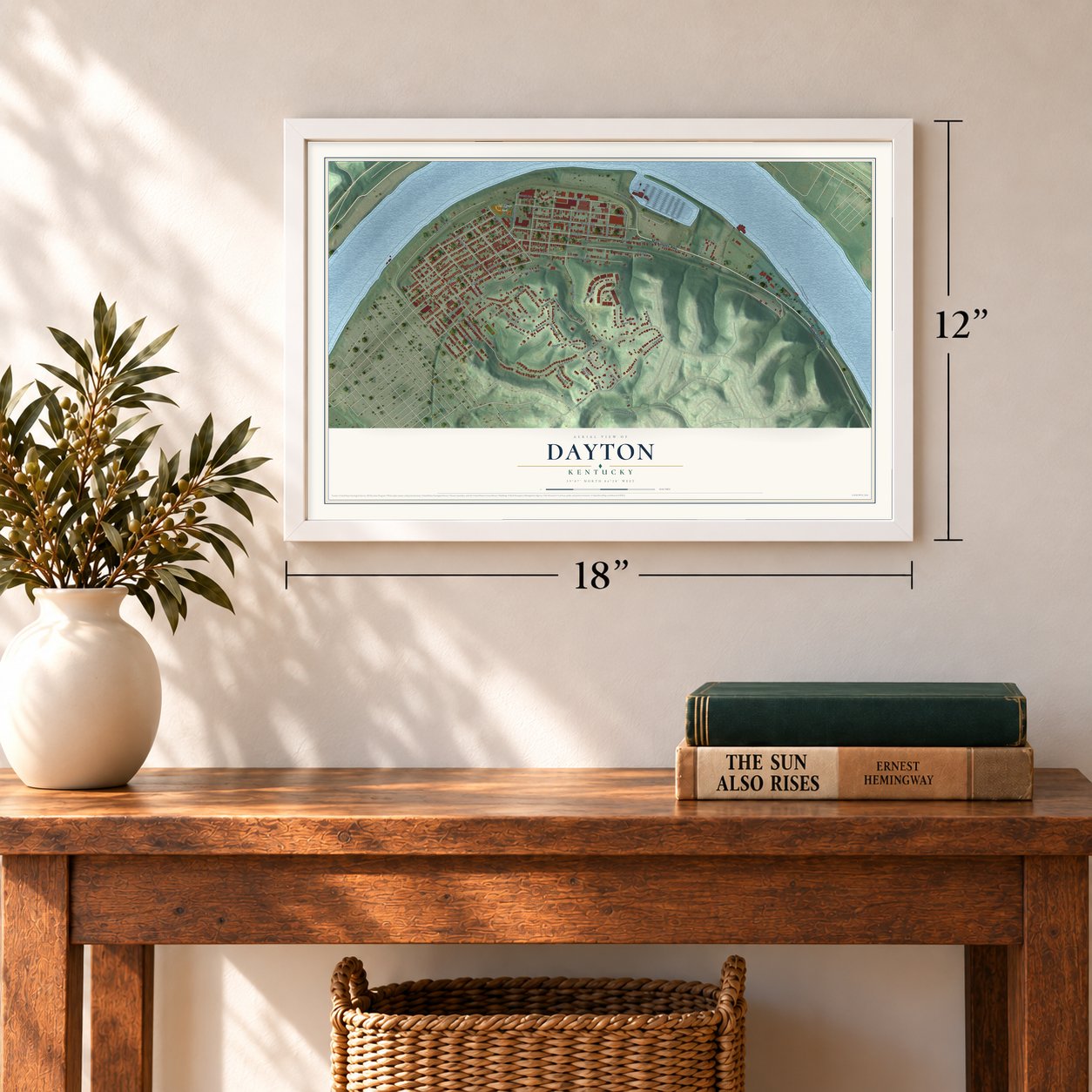Dayton, Kentucky map, 12 x 18 inch print in a white frame in an entryway