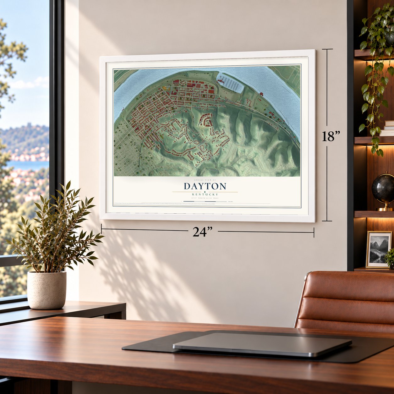 Dayton, Kentucky map, 18 x 24 inch print in a white frame in a home office