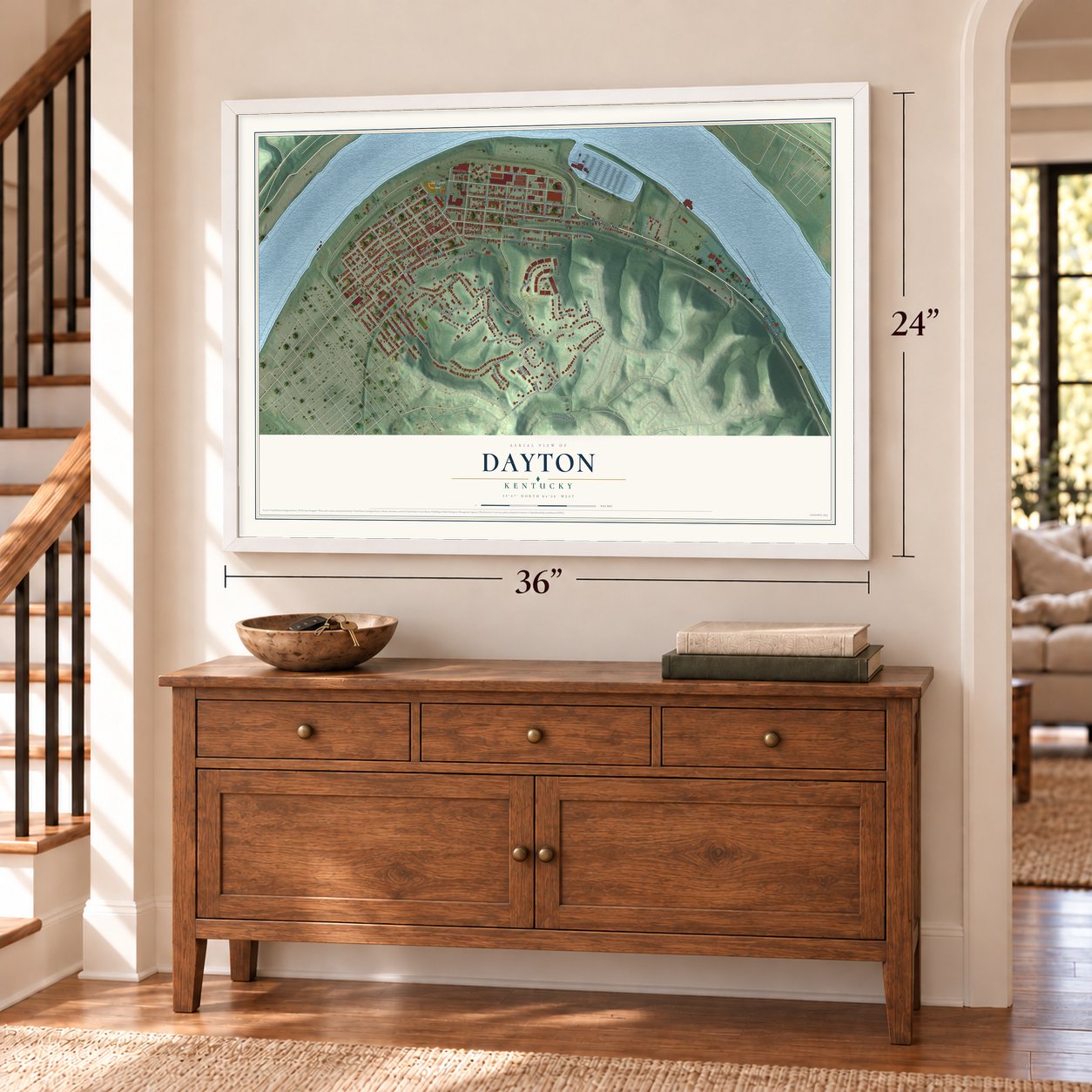 Dayton, Kentucky map, 24 x 36 inch print in a white frame above a dresser by a staircase