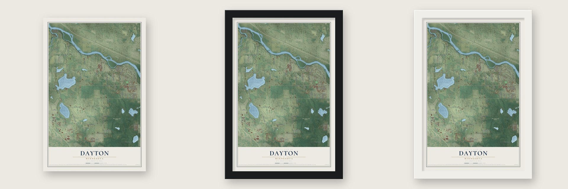 Dayton, Minnesota map unframed, in a black wood frame and in a white wood frame