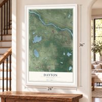 Dayton, Minnesota map, 24 x 36 inch print in a white frame by a staircase