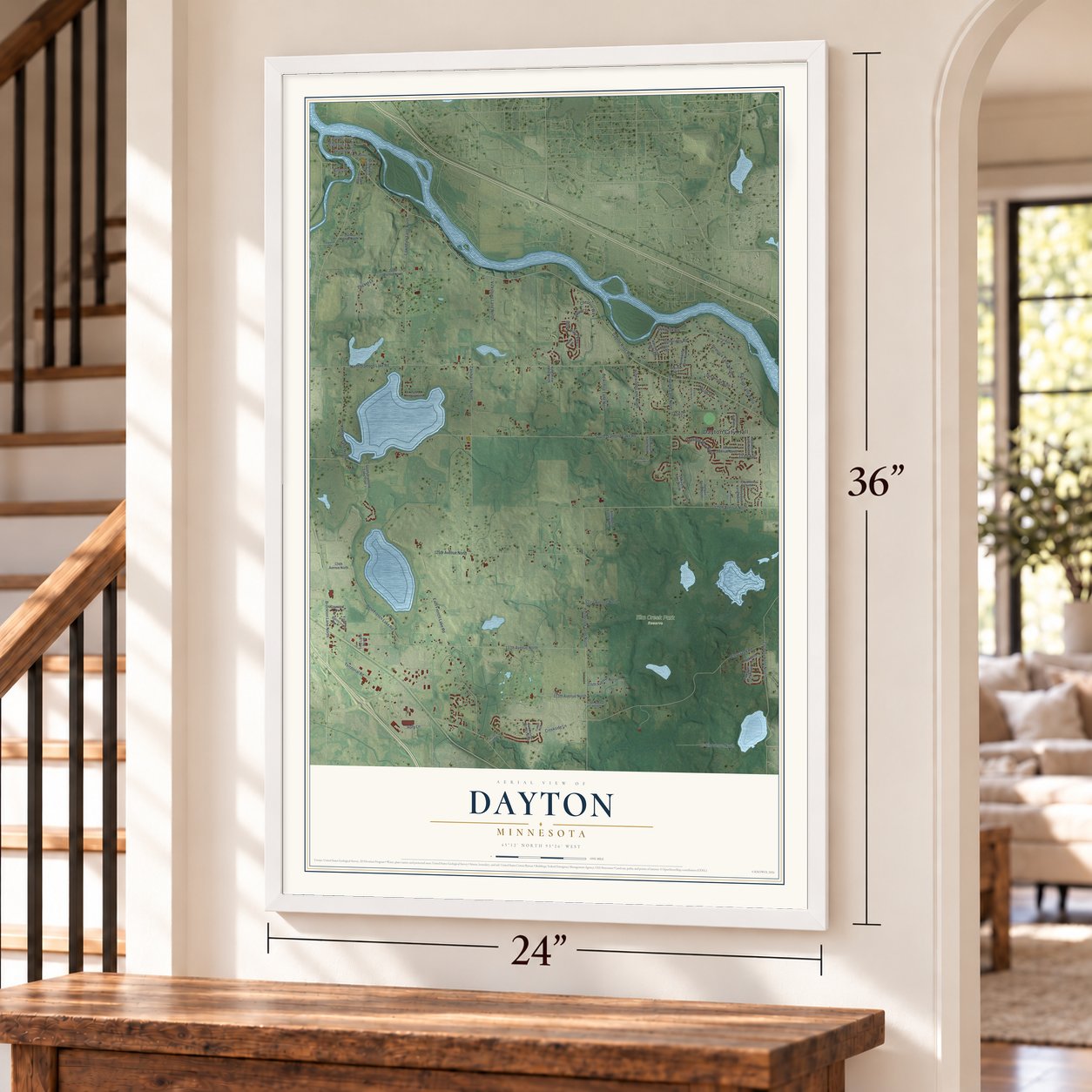 Dayton, Minnesota map, 24 x 36 inch print in a white frame by a staircase