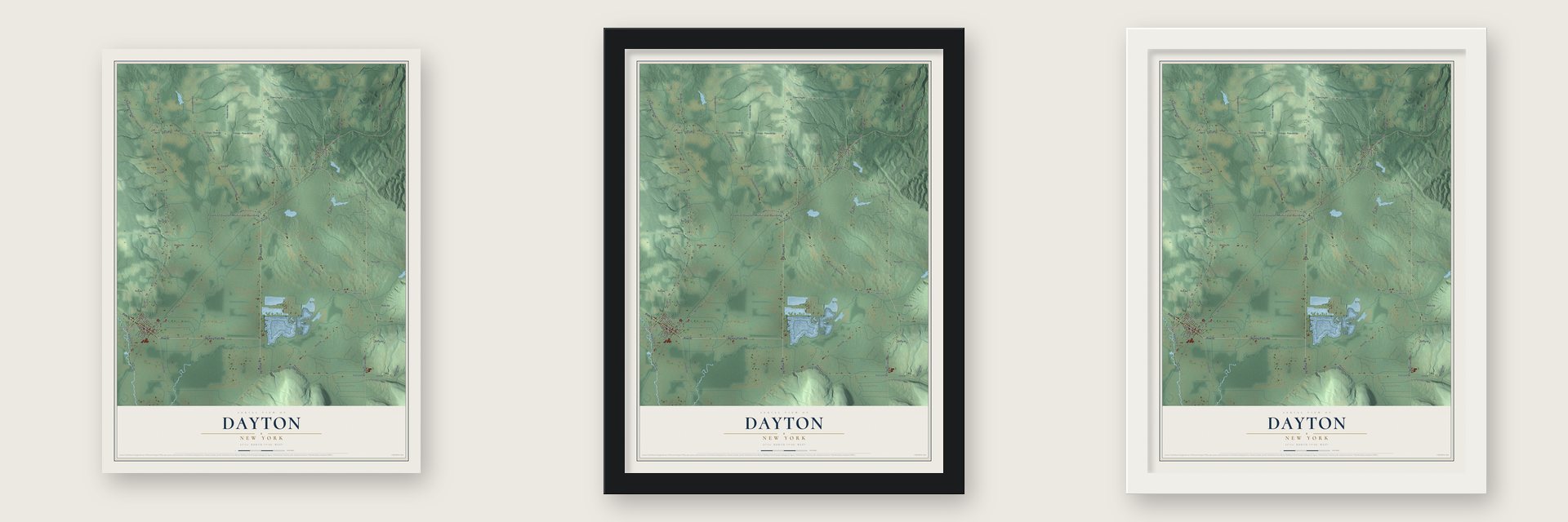 Dayton, New York map unframed, in a black wood frame and in a white wood frame