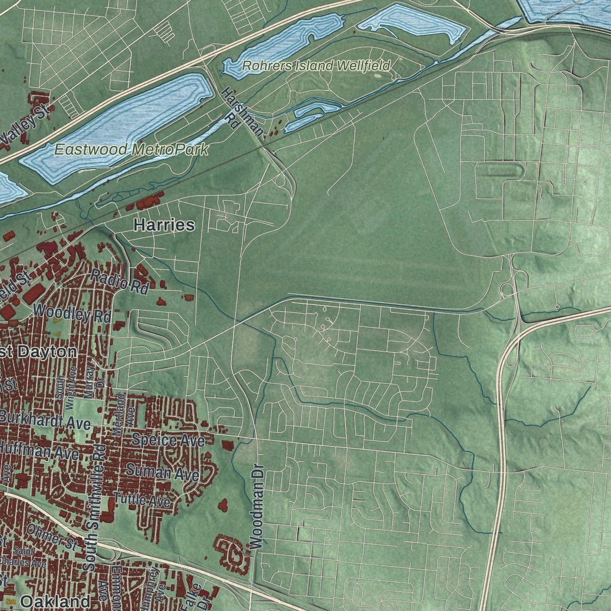 Second close-up of the map of Dayton, Ohio print showing more streets and buildings