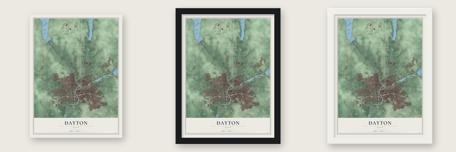 Dayton, Ohio map unframed, in a black wood frame and in a white wood frame