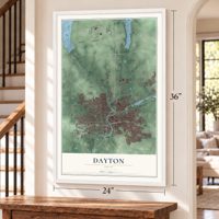 Dayton, Ohio map, 24 x 36 inch print in a white frame by a staircase
