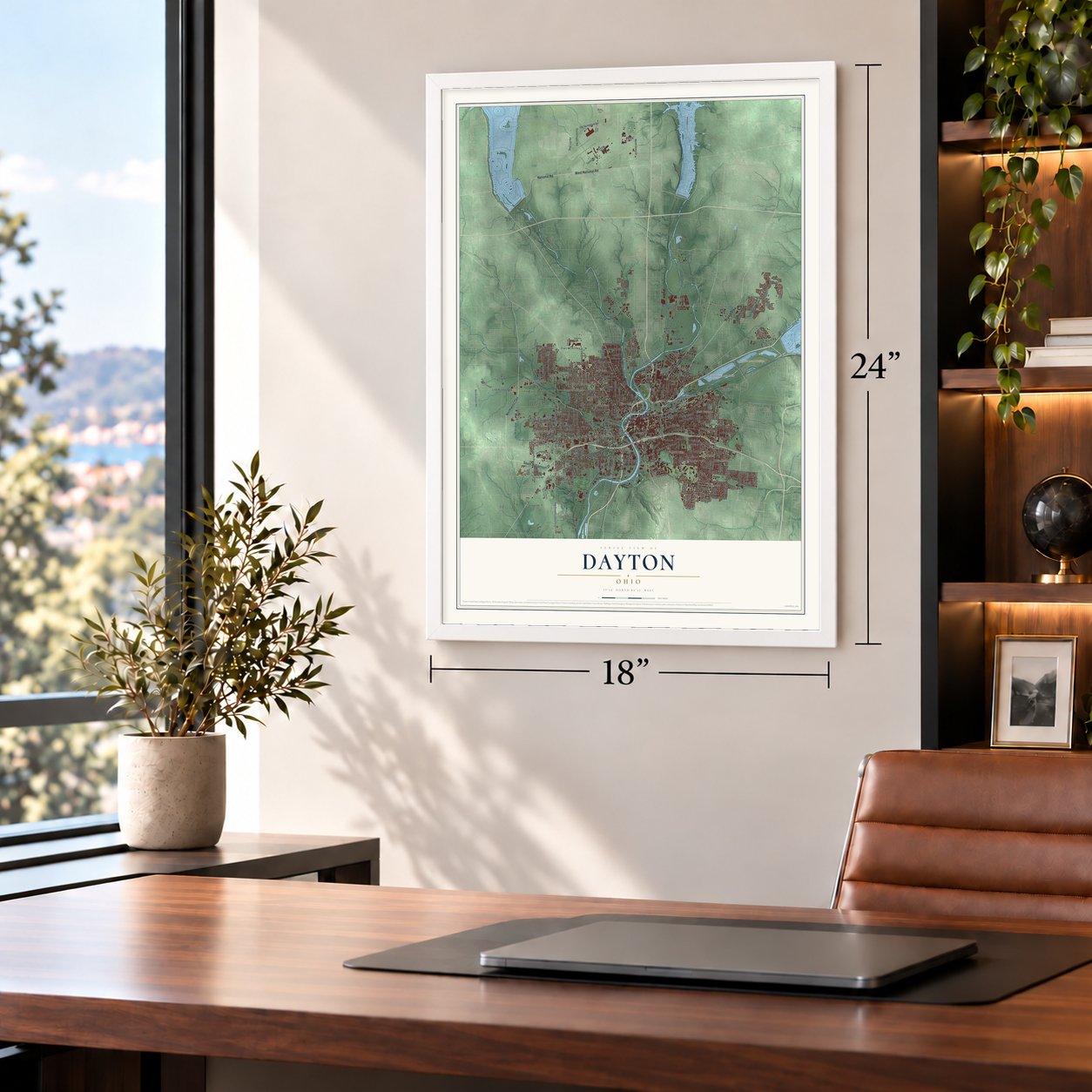 Dayton, Ohio map, 18 x 24 inch print in a white frame in a home office