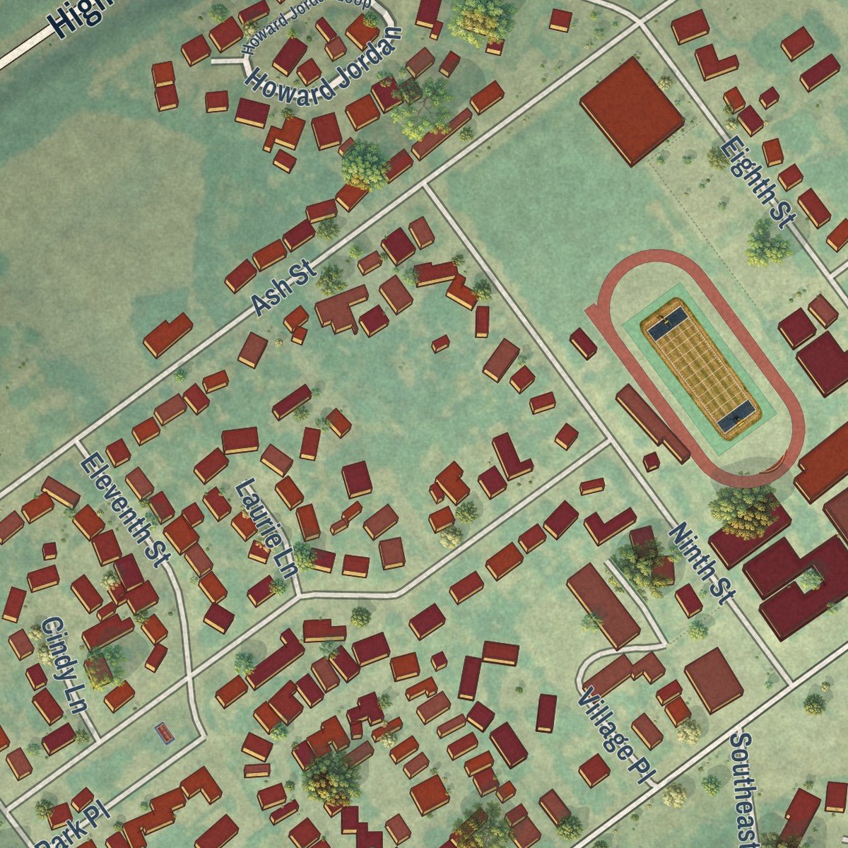 Second close-up of the map of Dayton, Oregon print showing more streets and buildings
