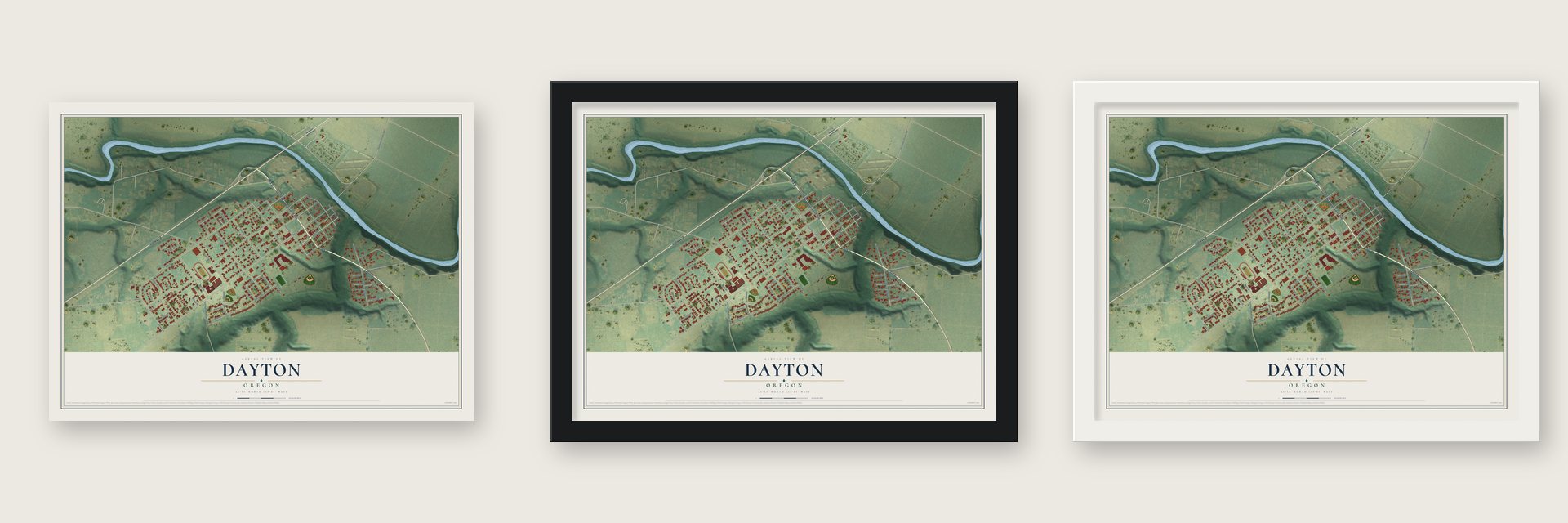 Dayton, Oregon map unframed, in a black wood frame and in a white wood frame