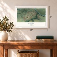 Dayton, Oregon map, 12 x 18 inch print in a white frame in an entryway