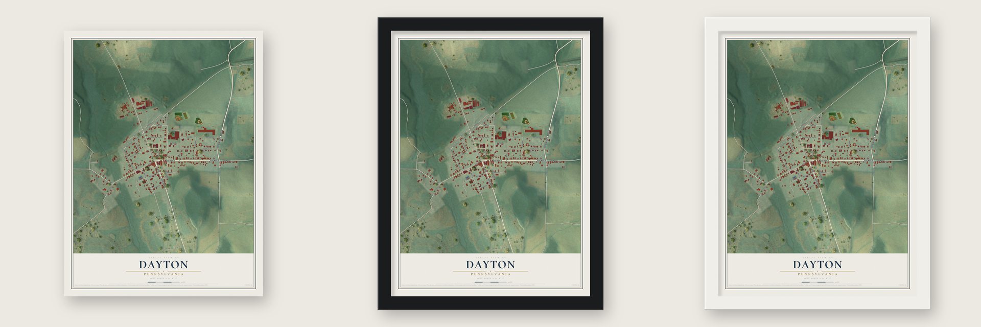 Dayton, Pennsylvania map unframed, in a black wood frame and in a white wood frame