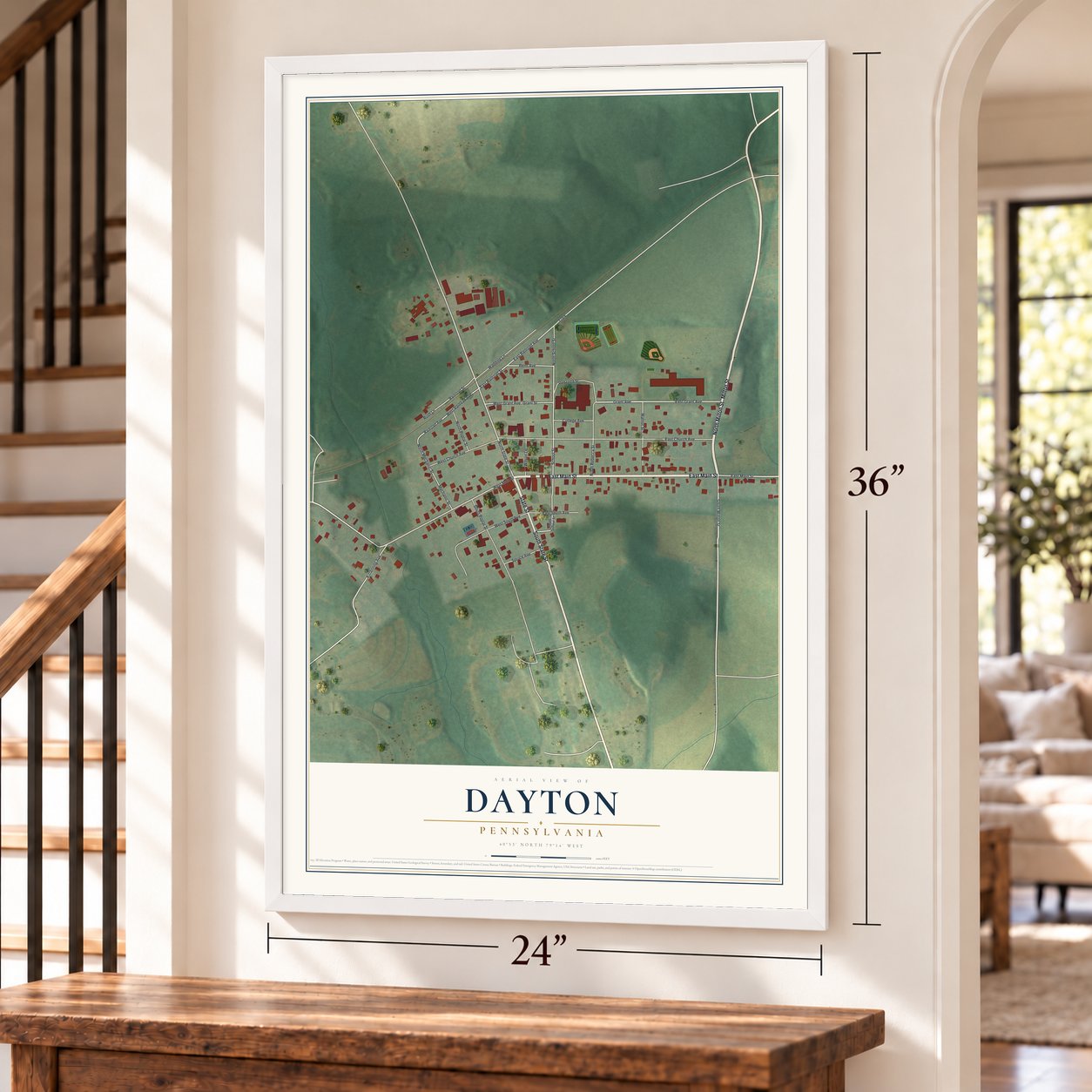 Dayton, Pennsylvania map, 24 x 36 inch print in a white frame by a staircase