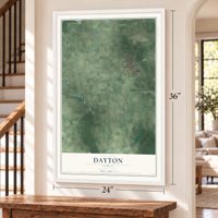 Dayton, Texas map, 24 x 36 inch print in a white frame by a staircase