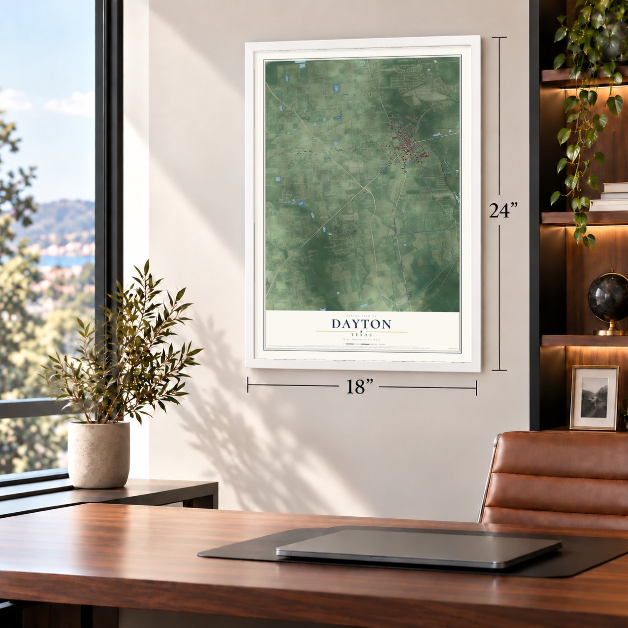 Dayton, Texas map, 18 x 24 inch print in a white frame in a home office