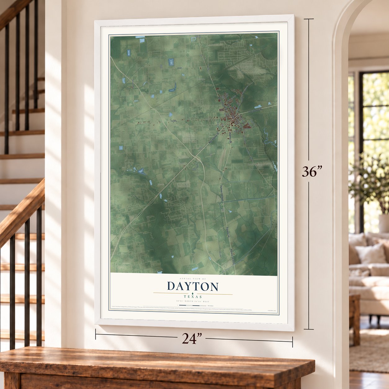 Dayton, Texas map, 24 x 36 inch print in a white frame by a staircase