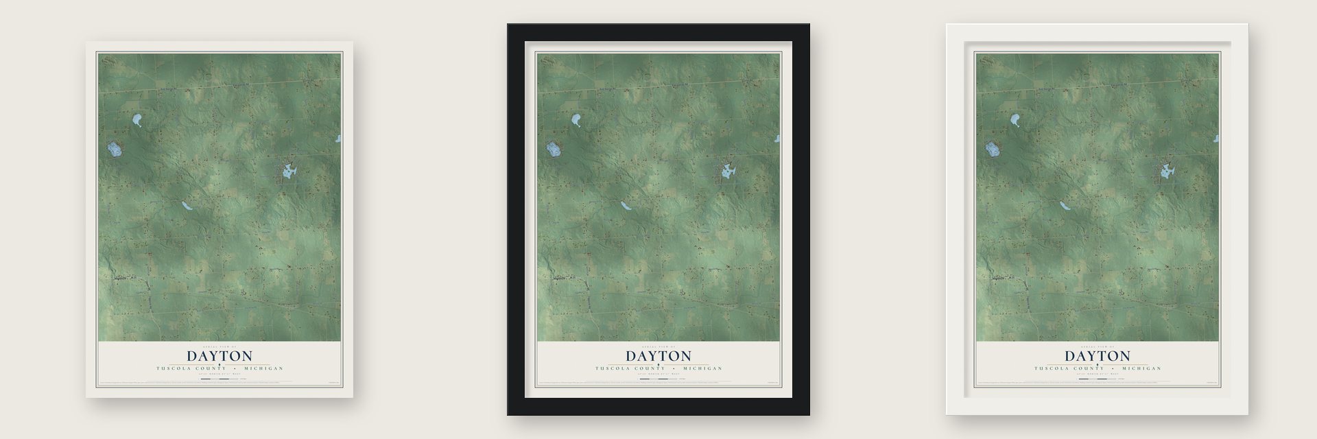 Dayton, Tuscola County, Michigan map unframed, in a black wood frame and in a white wood frame