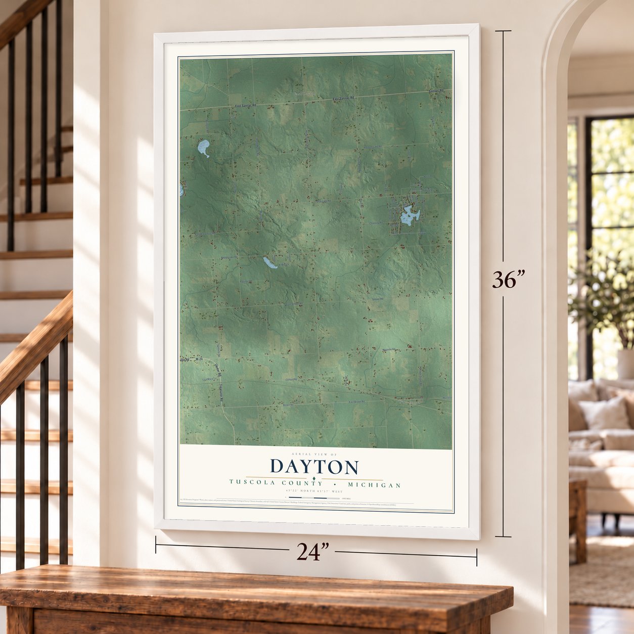 Dayton, Tuscola County, Michigan map, 24 x 36 inch print in a white frame by a staircase
