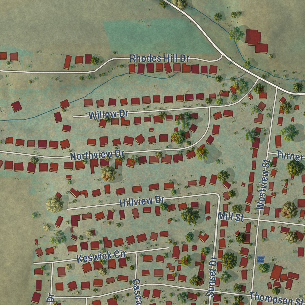 Second close-up of the map of Dayton, Virginia print showing more streets and buildings