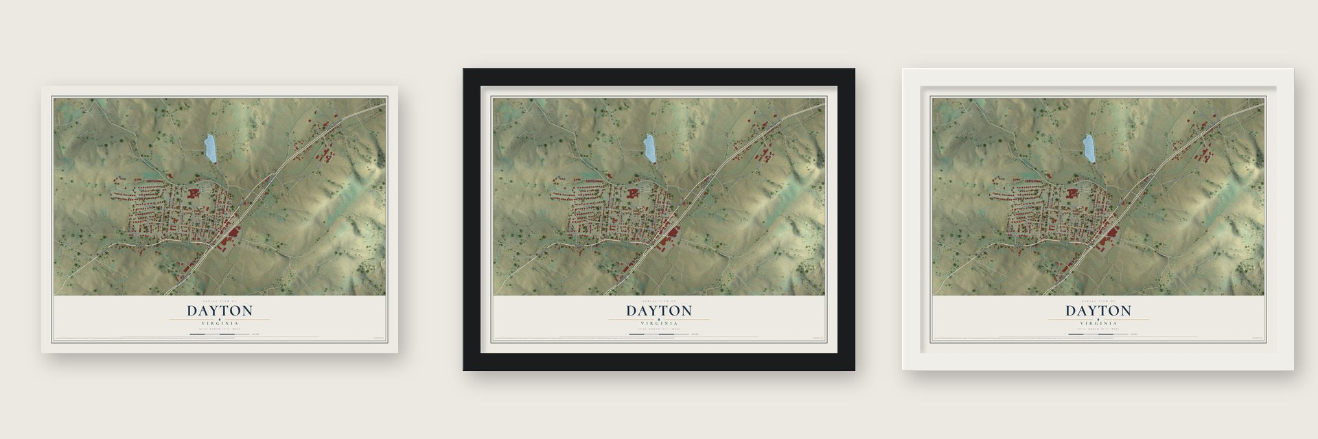 Dayton, Virginia map unframed, in a black wood frame and in a white wood frame