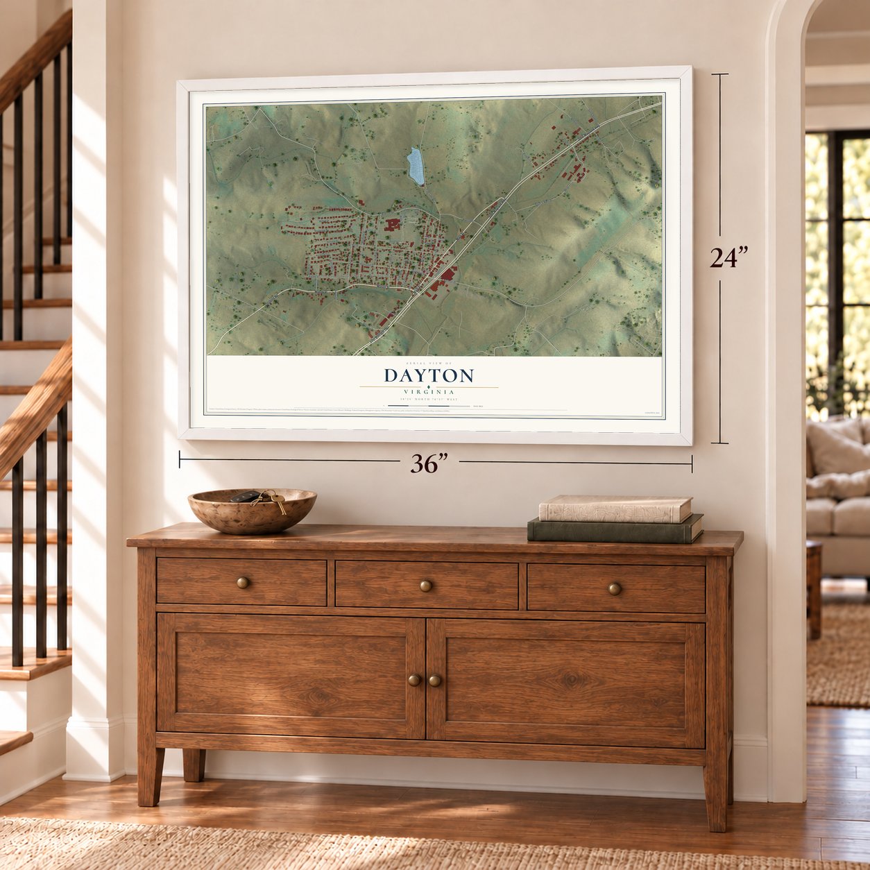 Dayton, Virginia map, 24 x 36 inch print in a white frame above a dresser by a staircase